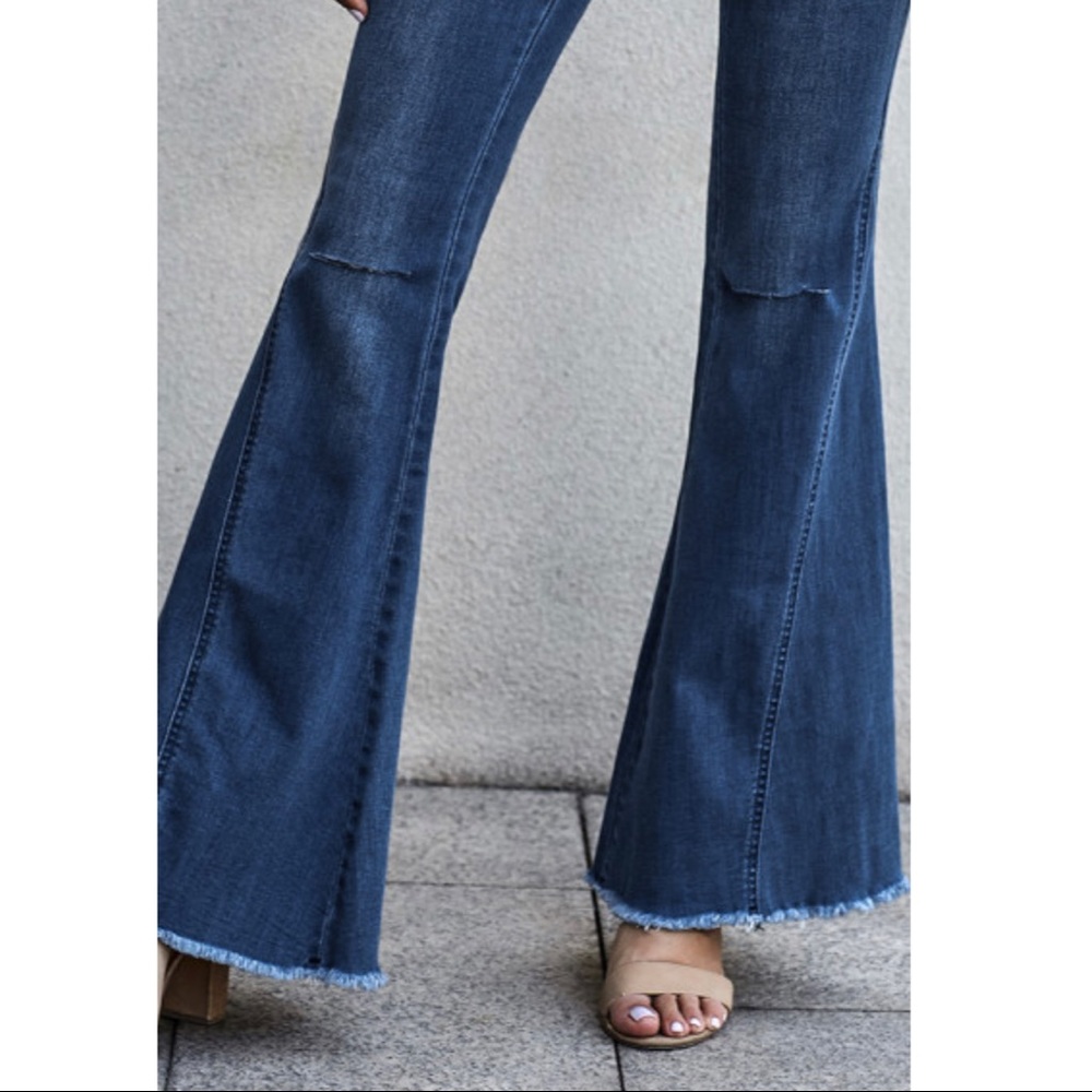 Sky Blue Distressed Bell Bottom Denim Pants - Picture 3 of 5